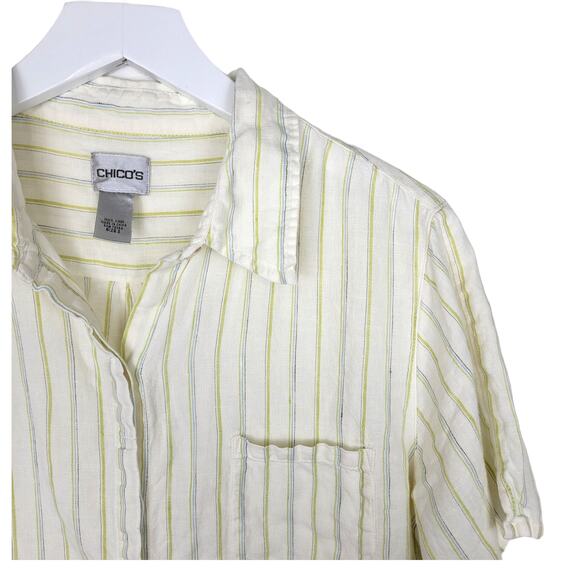 Chico's Ivory and Olive Striped Button Down Shirt - Picture 2 of 5